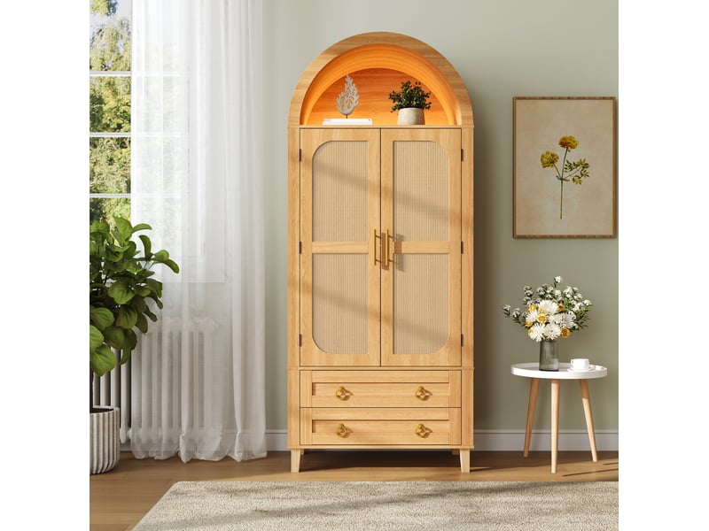  Buffet haut 76x40x179,5 cm avec niche ouverte en arc, éclairage led, 2 portes décor rotin et 2 tiroirs, mdf, naturel  - Conforama B