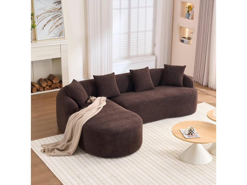  Canapé d’angle modulable gauche avec méridienne, chenille marron, design incurvé, sans montage  - Conforama B