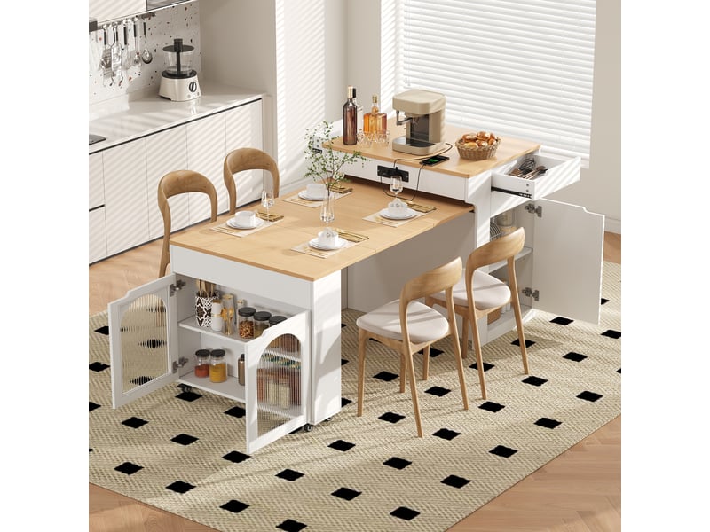  Îlot de cuisine - 71,2x36x93 cm blanc - table extensible multifonctionnelle avec roulettes, prises électriques et portes en verre cannelé  - Conforama C