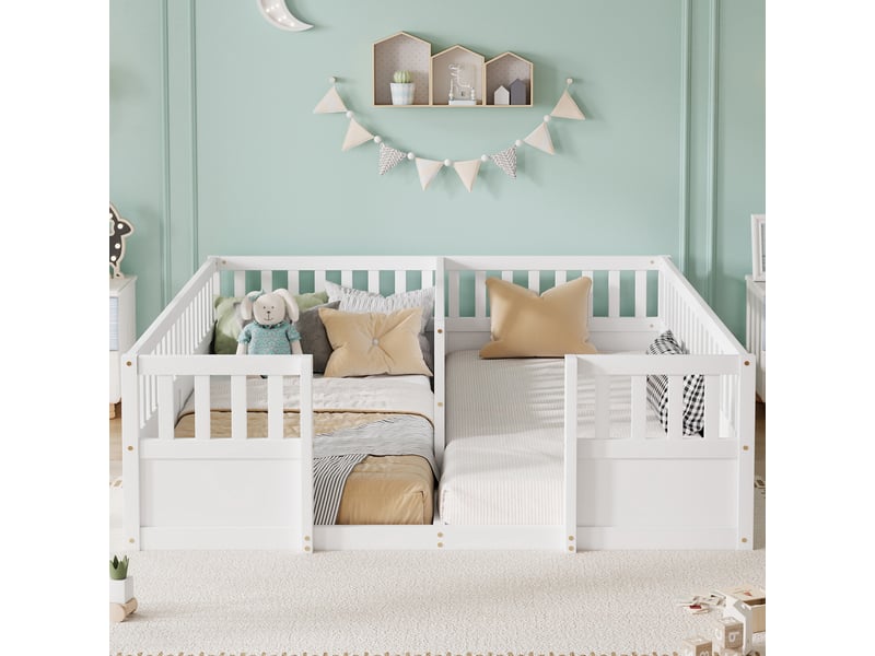Lits au sol pour enfants 2 x 90x200 cm en bois avec barrières de sécurité hautes, ouvertures d'accès et design semi-fermé - blanc - Conforama B