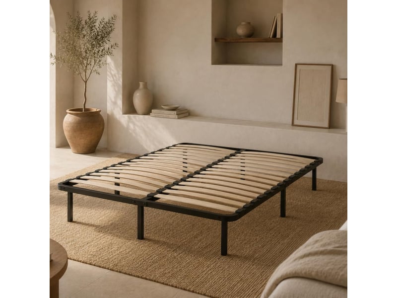  Kosmi - sommier à lattes – lattes multiplis en bois, cadre métal renforcé, 9 pieds de 20 cm, sommier kit  - Conforama E
