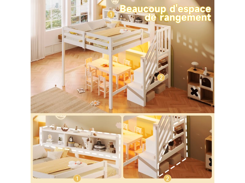  Lit mezzanine enfant 140x200 cm blanc avec éclairage led, rangement et escalier, structure en pin et mdf  - Conforama D