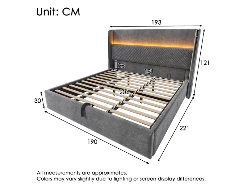  Lit coffre hydraulique 180x200 cm aspect lin avec led, rangement et ports usbtype-c gris chicfurn  - Conforama D