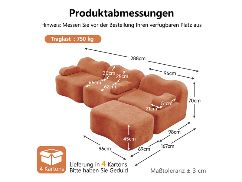  Canapé d'angle modulable 3 places en velours orange avec ottoman, silhouette vague, confort quotidien  - Conforama C