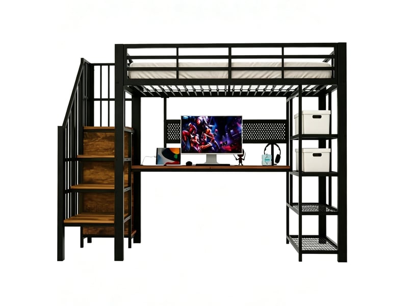 Lit mezzanine enfant 90x200 cm avec bureau, led, prises et rangements, métal noir, sans matelas