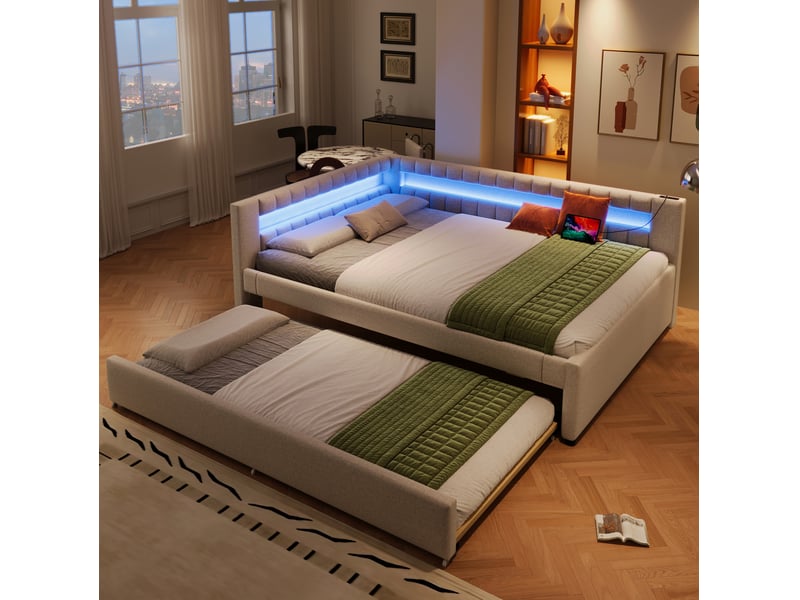  Lit gigogne 140x200 cm led usb type-c mdf beige sans matelas, éclairage télécommandé, lit extensible, revêtement lin  - Conforama B