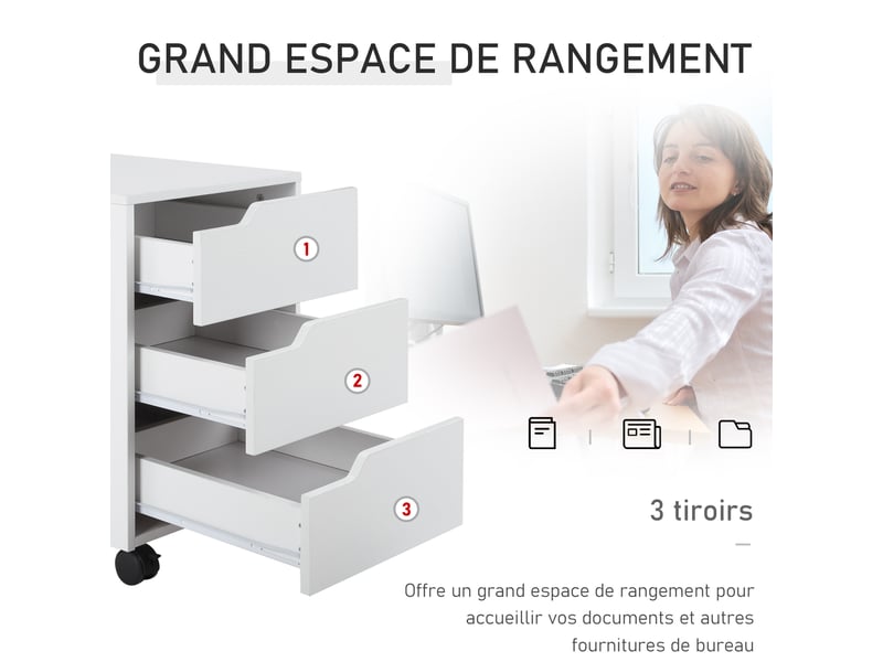  Caisson bureau mobile avec 3 tiroirs, meuble rangement bureau sur roulettes pour documents et imprimante, caisson de rangement compact pour travail ou chambre, blanc, 40x50x57,5cm  - Conforama A