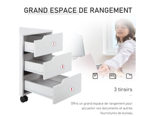 Caisson bureau mobile avec 3 tiroirs, meuble rangement bureau sur roulettes pour documents et imprimante, caisson de rangement compact pour travail ou chambre, blanc, 40x50x57,5cm
