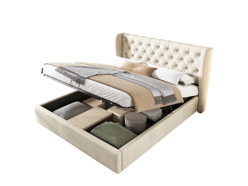  Lit coffre hydraulique capitonné 180x200 cm avec tête de lit à oreilles et boutons, sommier à lattes, charge 300 kg, velours beige Radiant Stride - Conforama A