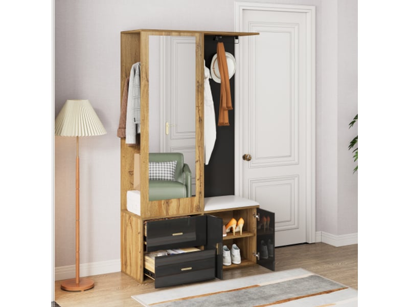  Ensemble entrée noir et bois avec miroir: armoire, banc à chaussures, crochets et cintres rétractables  - Conforama D