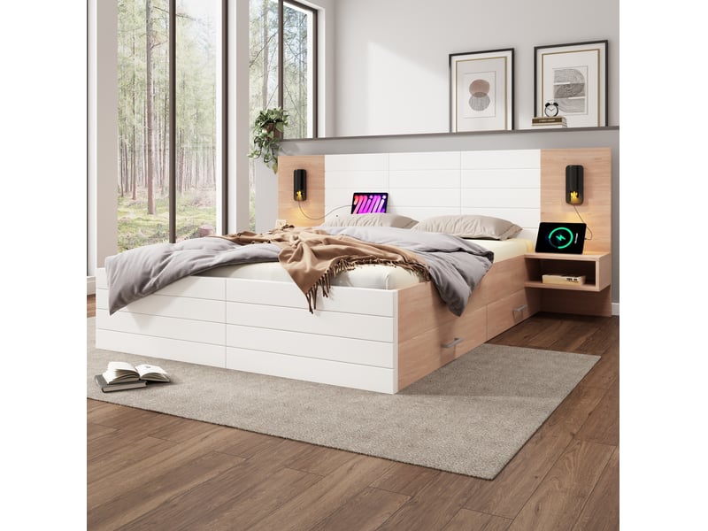  Lit double 160x200 cm avec 2 tiroirs, 2 chevets, liseuses et usb, blanc et chêne clair  - Conforama E