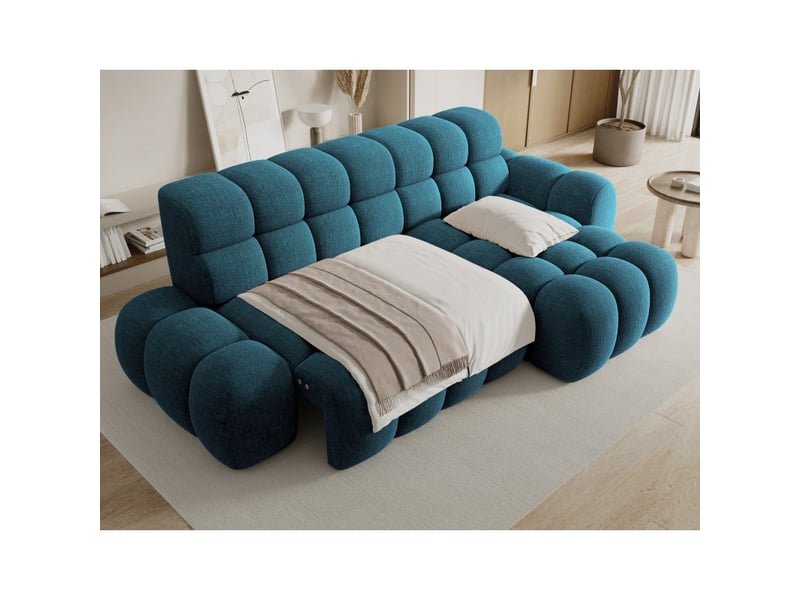  Canapé d'angle convertible bulla 3 places bleu angle gauche – tissu bouclette avec extension d'assise électrique  - Conforama E