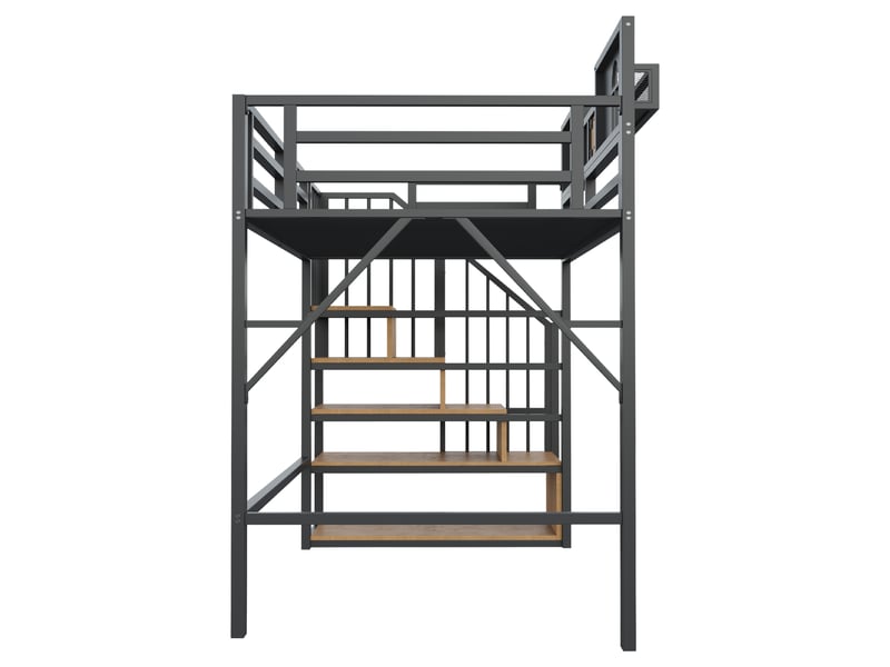  Lit mezzanine lit simple avec escalier de rangement, bande lumineuse et étagères, 200x90 cm, sans matelas, noir  - Conforama E