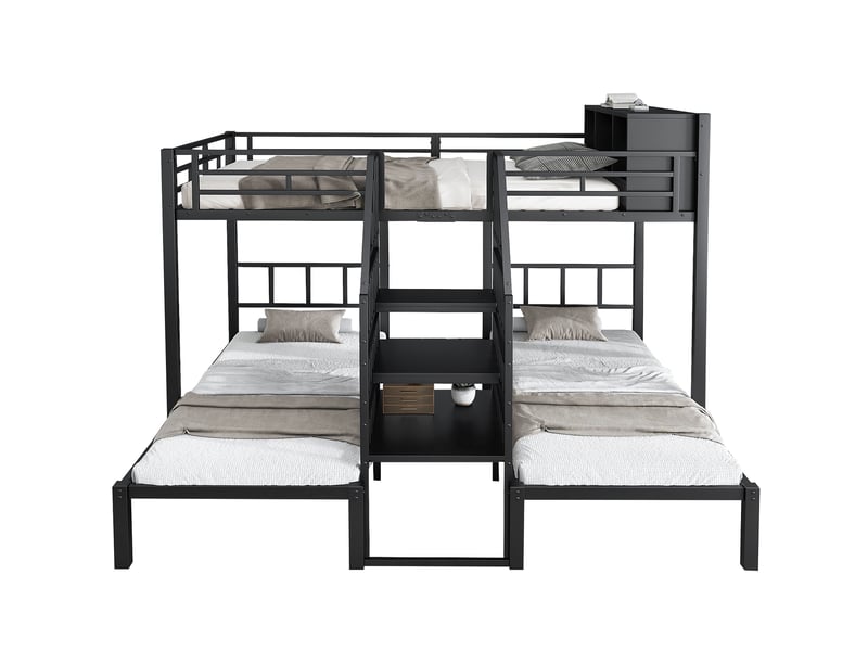 Lit superposé enfant 90x200 et 140x200 cm – noir – 3 couchages, rangement supérieur et escalier central - Conforama A
