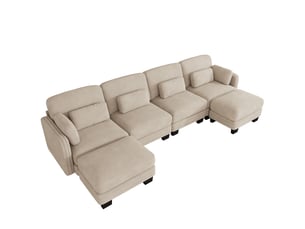 Canapé modulable modenvie 4 places en u en chenille avec 2 poufs, assise large et profonde, 330 x 143 x 88 cm, marron clair