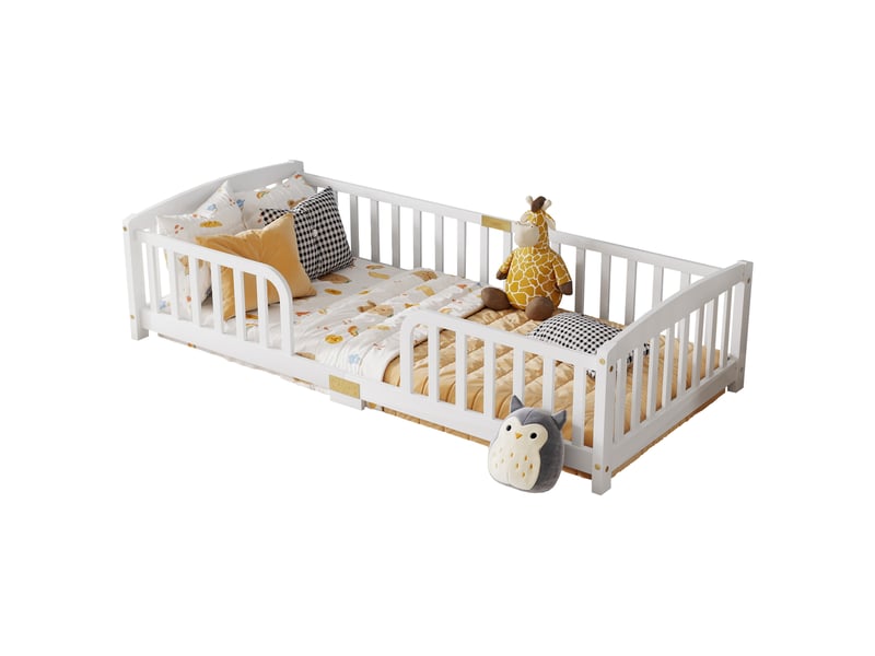  Lit au sol 90x200 cm enfant avec barrière de sécurité - bois de pin massif blanc  - Conforama A