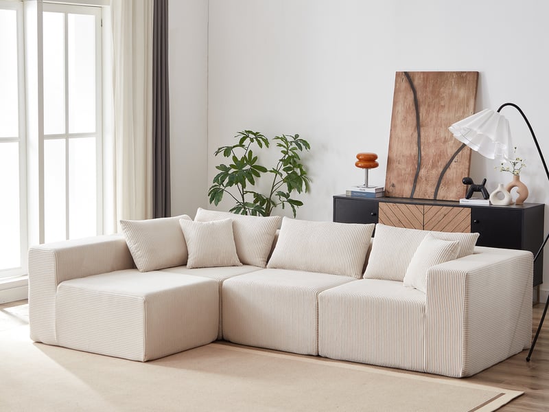  Canapé d’angle modulable 4 places en velours côtelé, assise basse sans montage, 264 × 167 × 71 cm, beige  - Conforama B