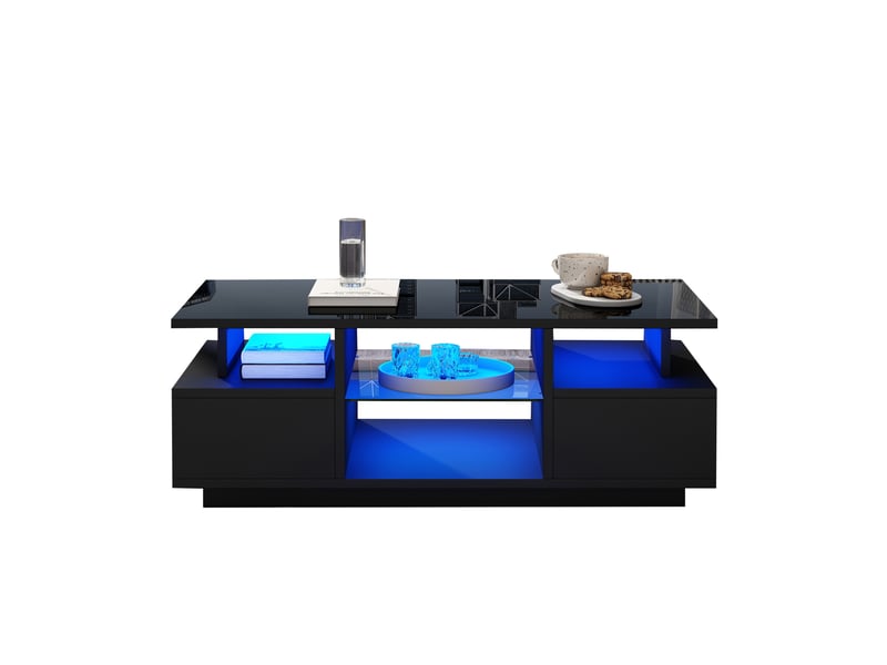  Table basse led 100 x 50 x 36 cm noire brillante – 2 tiroirs, rangements ouverts et style moderne  - Conforama A