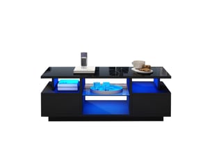 Table basse led 100 x 50 x 36 cm noire brillante – 2 tiroirs, rangements ouverts et style moderne