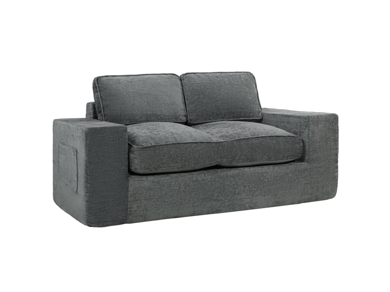 Canapé 2 places en chenille, canapé de salon 156 cm, assise et accoudoirs larges rembourrées, gris, 2 oreillers - Conforama B