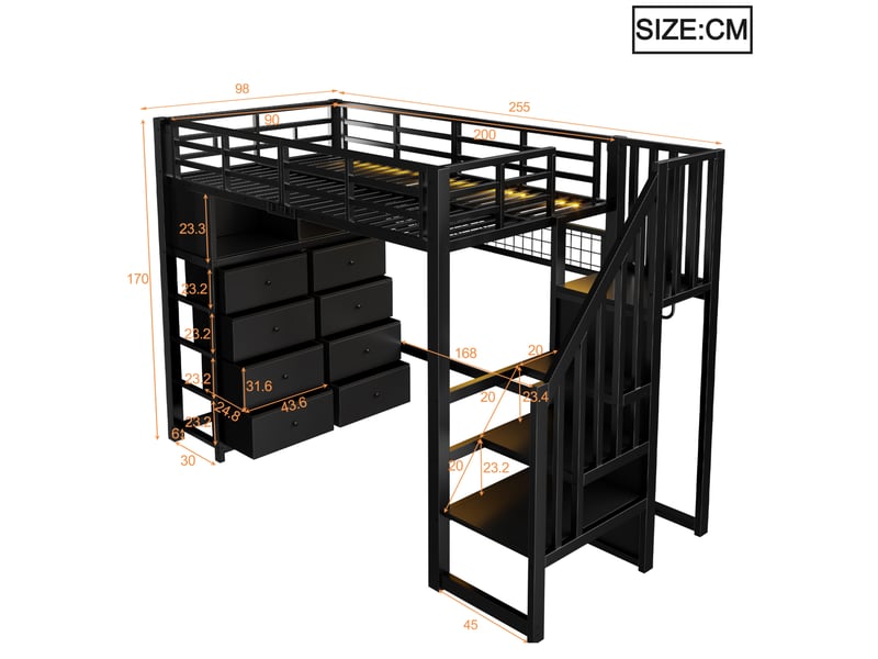  Lit mezzanine 90x200 cm, équipé de rangements en mdf et métal, coloris noir  - Conforama C