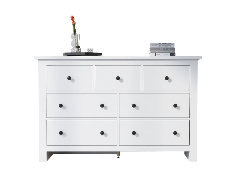 Buffet blanc avec 7 tiroirs de deux tailles, glissières de tiroir et pied central réglable, en panneau de particules - Conforama A