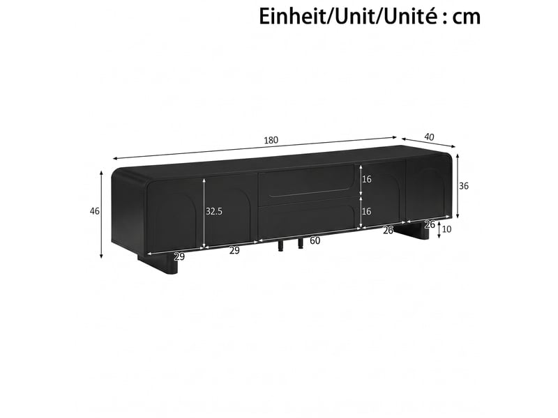  Meuble tv tcqpz 180 x 40 x 46 cm avec 4 portes 2 tiroirs passe-câbles mdf et panneaux de particules noir  - Conforama C