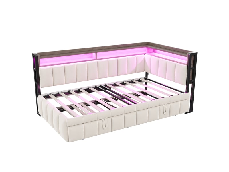 Canapé-lit 90 x 200 cm – avec lit gigogne – avec éclairage led – avec ports usb et type-c – beige (matelas non inclus) - Conforama W