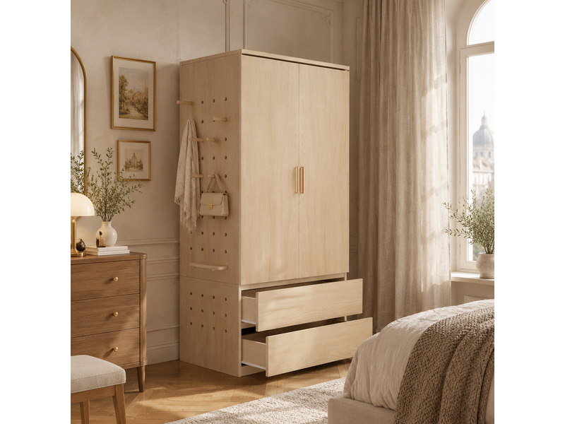 Armoire penderie 2 portes 70x50x170 cm 2 tiroirs rangements cachés, panneau perforé, contreplaqué et mdf, bois clair  - Conforama E