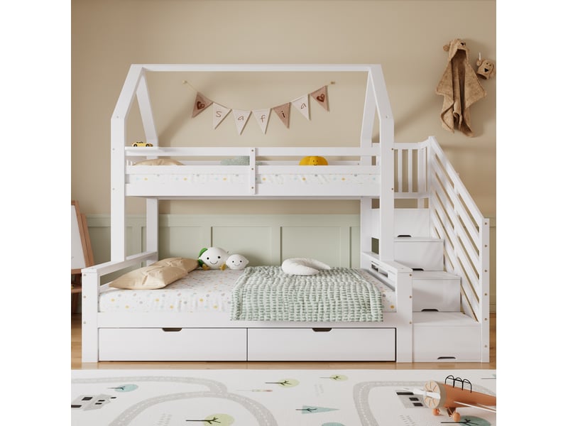  Lit superposé enfant avec rangements, toit décoratif et garde-corps, blanc, 90 x 200 cm et 140 x 200 cm  - Conforama D
