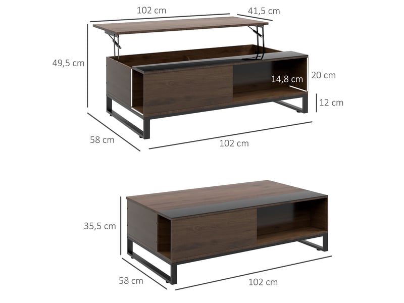 Table basse relevable avec 2 niches, tablette et rangement, style moderne, en contreplaqué et acier, noyer  - Conforama D