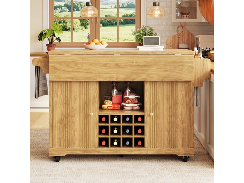  Desserte de cuisine mobile 142,5 x 80 x 95 cm avec plateau rabattable, marron naturel  - Conforama E