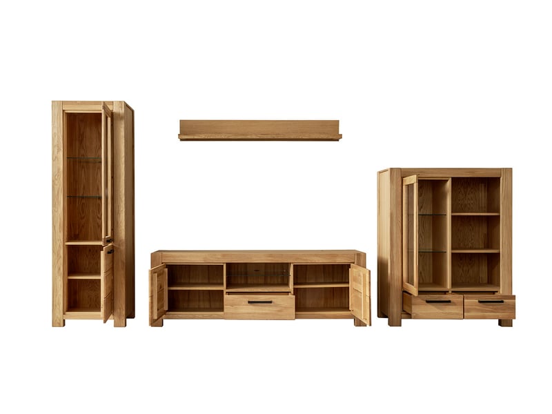  Ensemble de meubles de salon de 4 pièces: 2 vitrines 1 meuble tv 1 étagère murale, coloris chêne huilé  - Conforama C