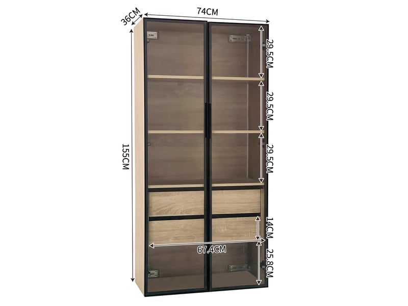  Meuble de rangement suspendu ou à poser 74x36x155 cm, pour salle de bain, en mdf naturel, portes vitrées, éclairage led  - Conforama C