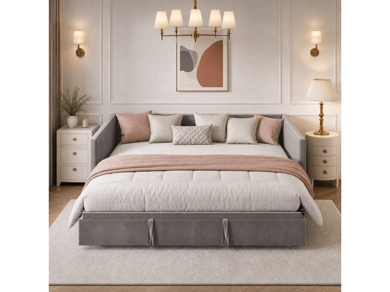 Canapé-lit 90/180 x 200 cm, lit de jour convertible pour 2 adultes, lit rembourré avec lit d'appoint coulissant et sommier à lattes, convertible en lit double, velours, gris, sans matelas - Conforama C