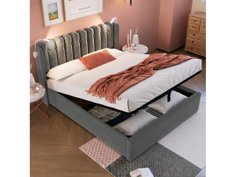 Lit coffre double 140 x 200 cm gris en velours avec éclairage de lecture et usb - Conforama C