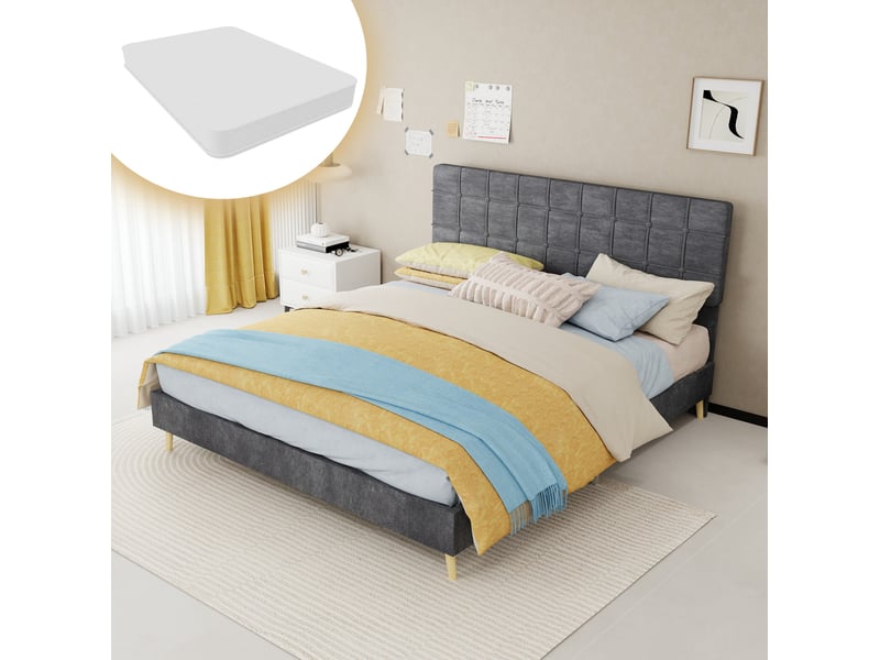  Lit 2 places 160x200 cm avec matelas tête de lit capitonné een tissu gris  - Conforama B