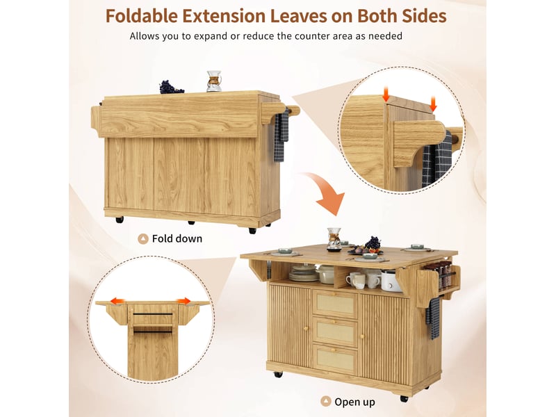  Desserte cuisine pliable 142,5x80x95 cm, îlot roulant, rangements, tiroirs, roulettes, mdf, métal et rotin pe, naturel  - Conforama E