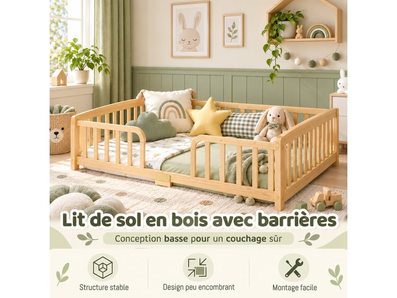  Lit enfant  140x200 cm boisnaturel lit enfant au sol avec barrière de sécurité et sommier  - Conforama D