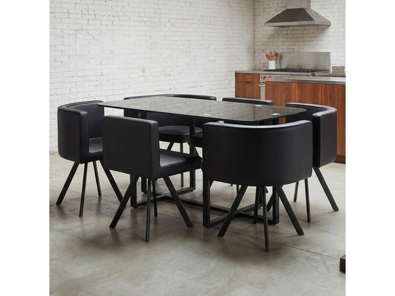  Table 90x150cm avec 6 sièges gain de place mosaic xl verre noir et métal noir Mosaic - Conforama C