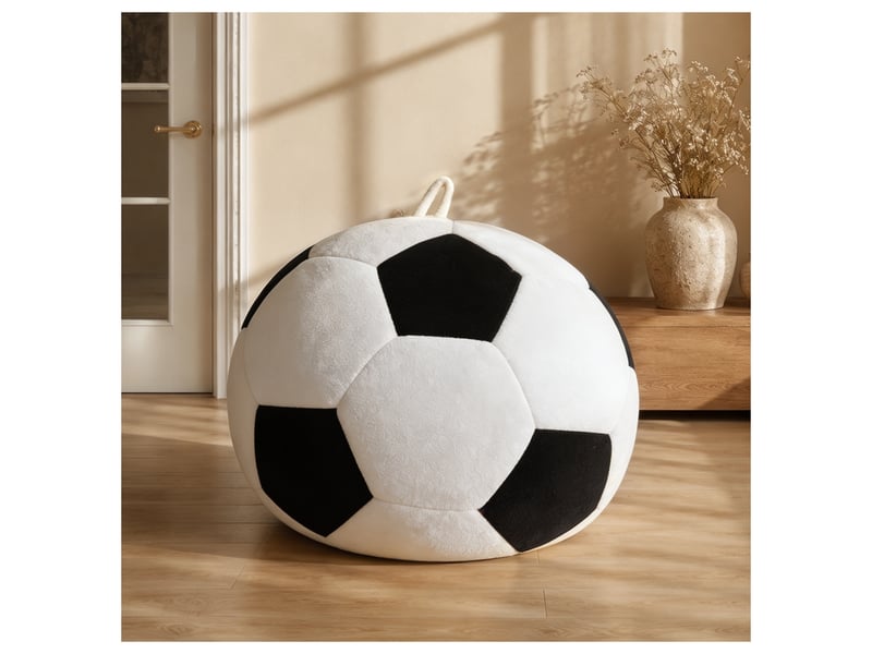  Fauteuil pouf rond motif ballon de football avec garnissage en mousse à mémoire de forme, en flanelle blanc et noir  - Conforama B