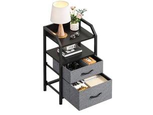 Table de chevet 40x30x70 cm deux tiroirs tissu etagere ouverte gris fonce et noir