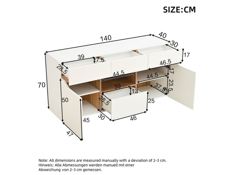  Buffet, 140x40x70 cm, armoire de rangement avec 2 portes et 4 tiroirs, éclairage led, blanc  - Conforama C