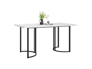 Table à manger rectangulaire 140x80x75cm, table avec motif de marbre, plateau en mdf, pieds en métal, blanc+noir