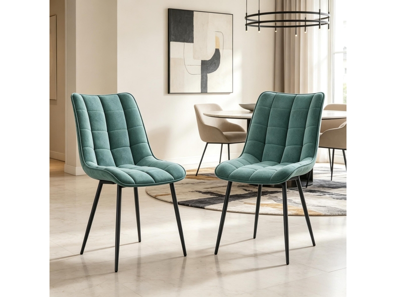 Chaise de salle à manger 2 pièces en velours avec dossier ergonomique et pieds métalliques, bleu canard - Conforama C