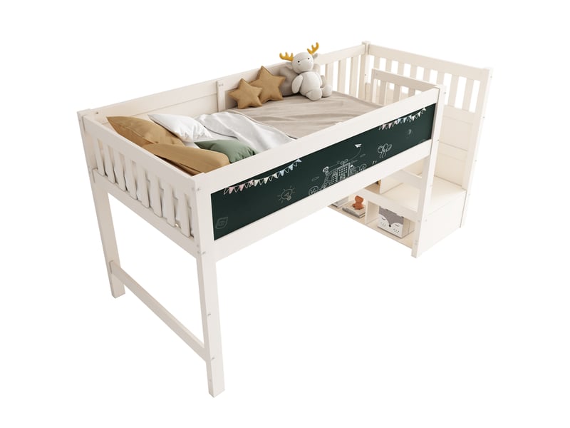  Lit mezzanine enfant 90x200 cm, escalier réversible rangement, tableau, barrières, bois mdf, blanc sans matelas  - Conforama A
