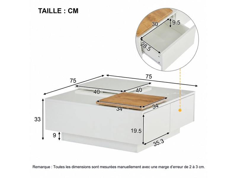  Table basse blanche carrée avec tiroirs et plateaux coulissants, 75 x 75 cm, finition brillante  - Conforama D