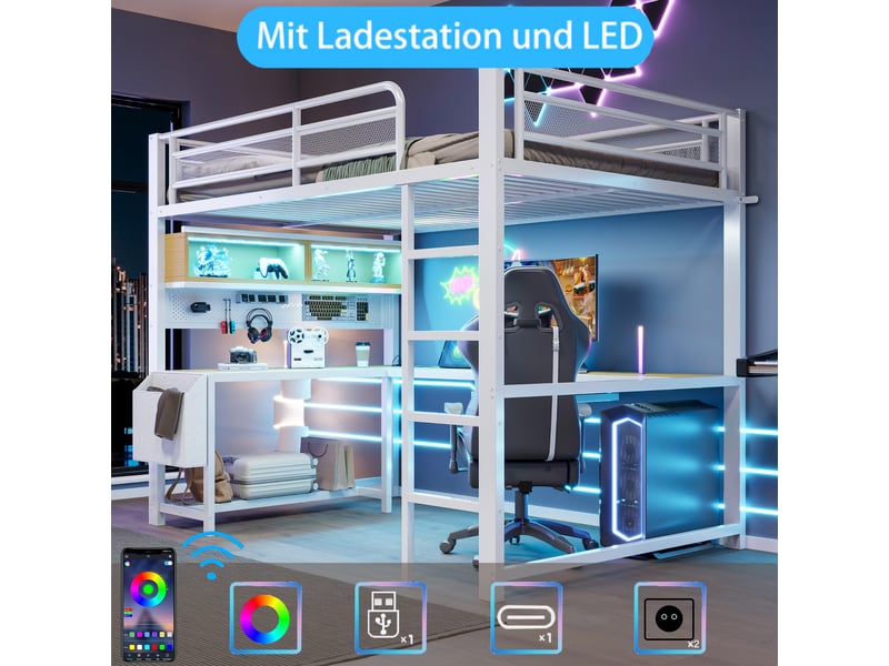  Lit surélevé gaming 140x200 cm blanc, bureau, rangements, éclairage led et station de charge  - Conforama D