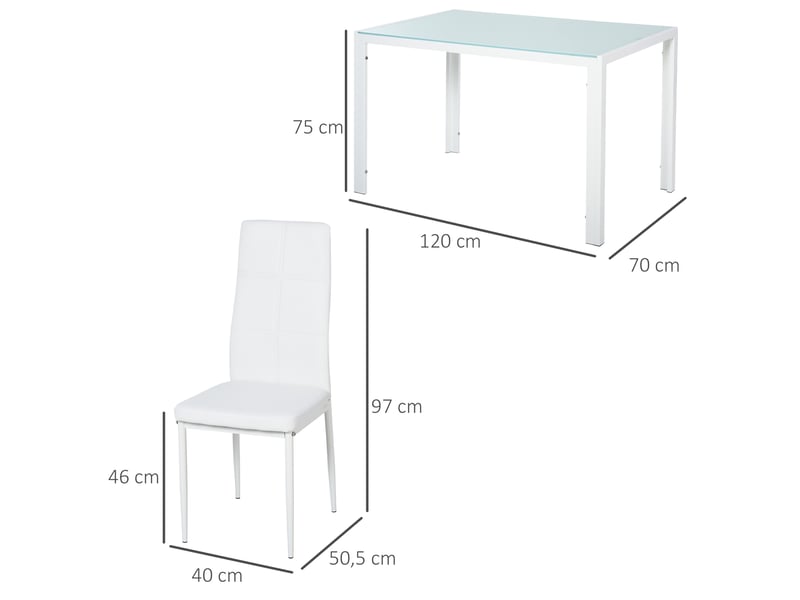  Ensemble de salle à manger avec table et 4 chaises, 5 pièces, table rectangulaire en verre trempé et chaises rembourrées en pu, blanc  - Conforama E