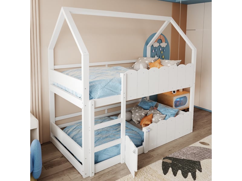  Lit superposé pour enfants, 90 x 200 cm, design en forme de maison avec barrières de sécurité surélevées, couleur blanc  - Conforama D